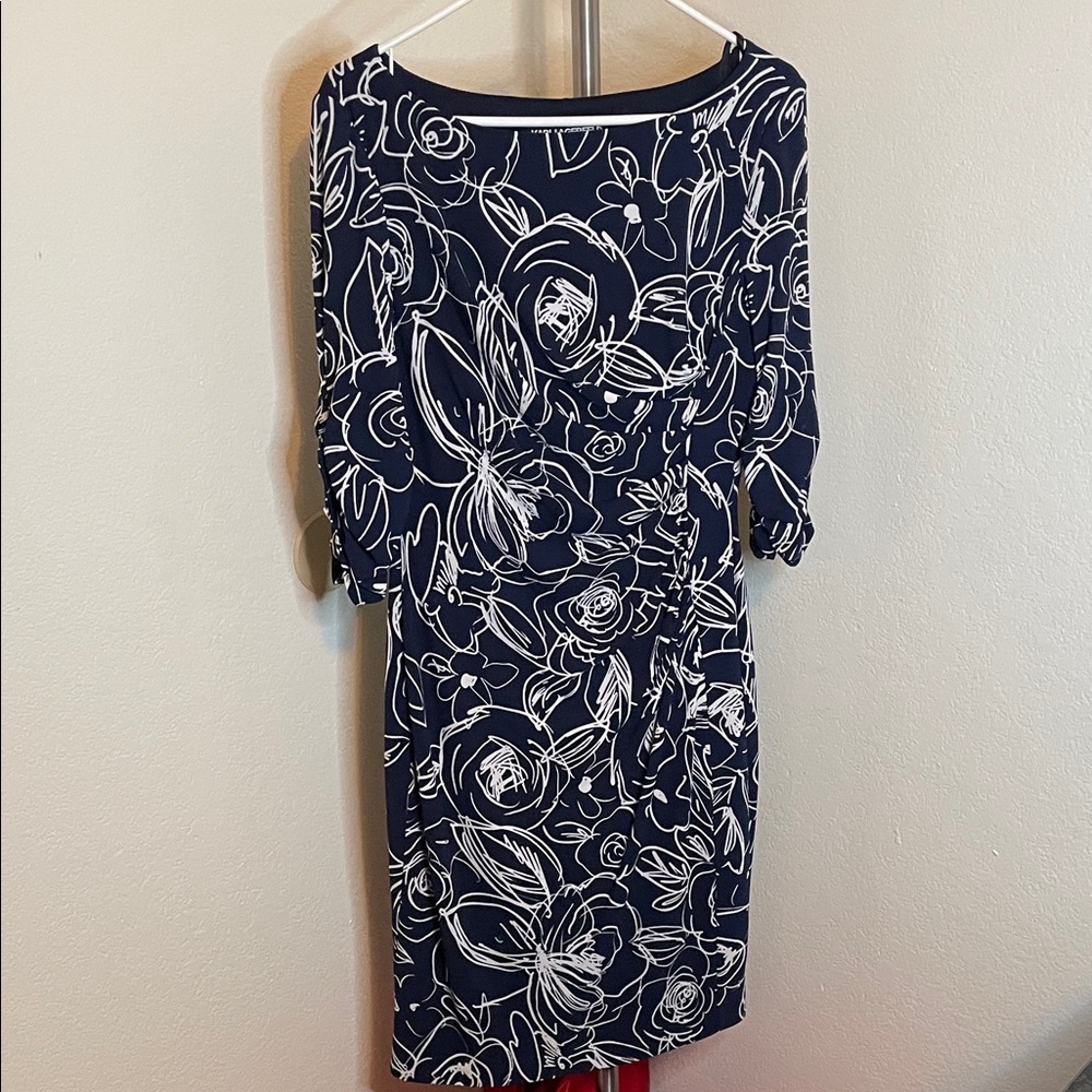 Karl Lagerfeld Navy and White Floral Long Sleeve Dress 3/4 sleeve